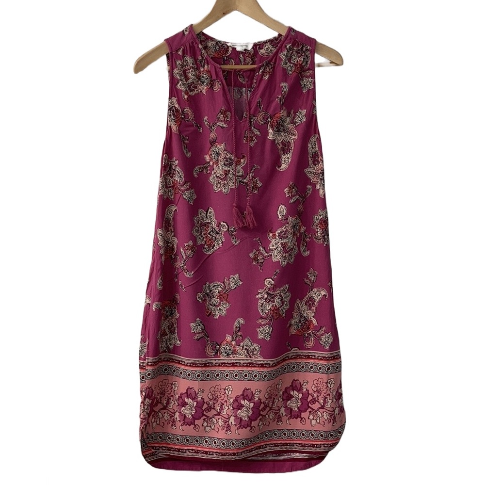 Beachlunchlounge XS Floral V-Neck Tie Front Pink Sleeveless Tank Dress Mini